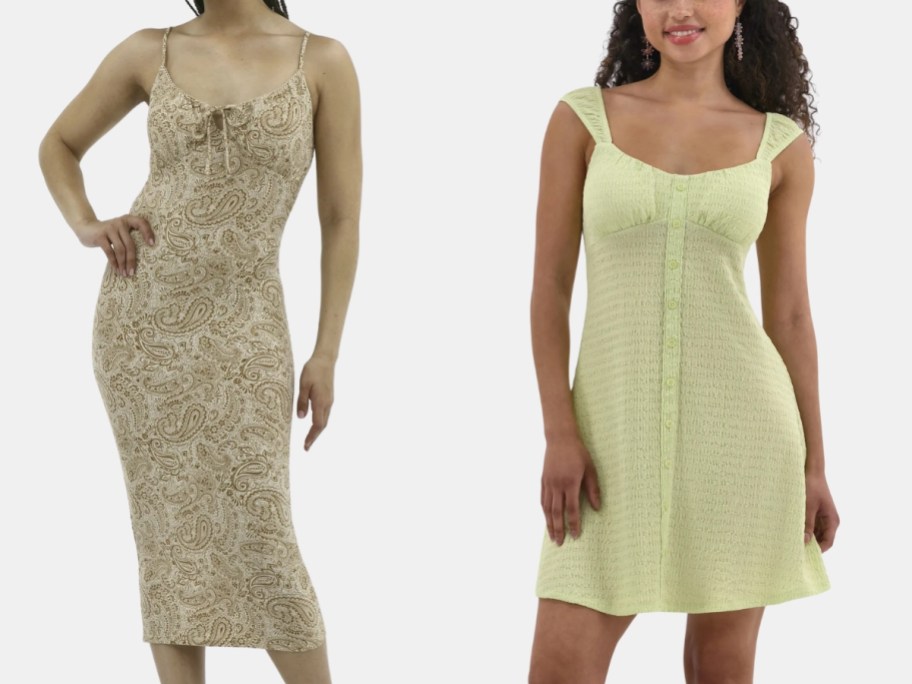 2 women wearing different colors and styles of sleeveless dresses