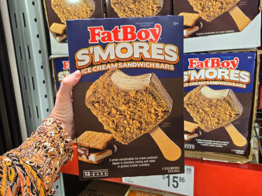 hand holding a box of FatBoy Smores Ice Cream Sandwich Bars in Sam's Club
