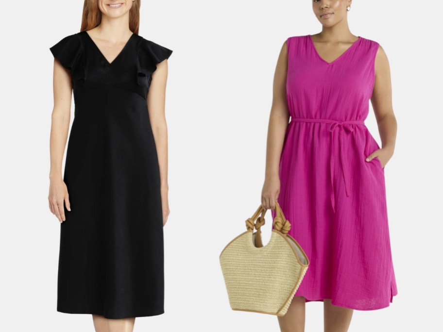 2 women wearing mid length summer dresses 