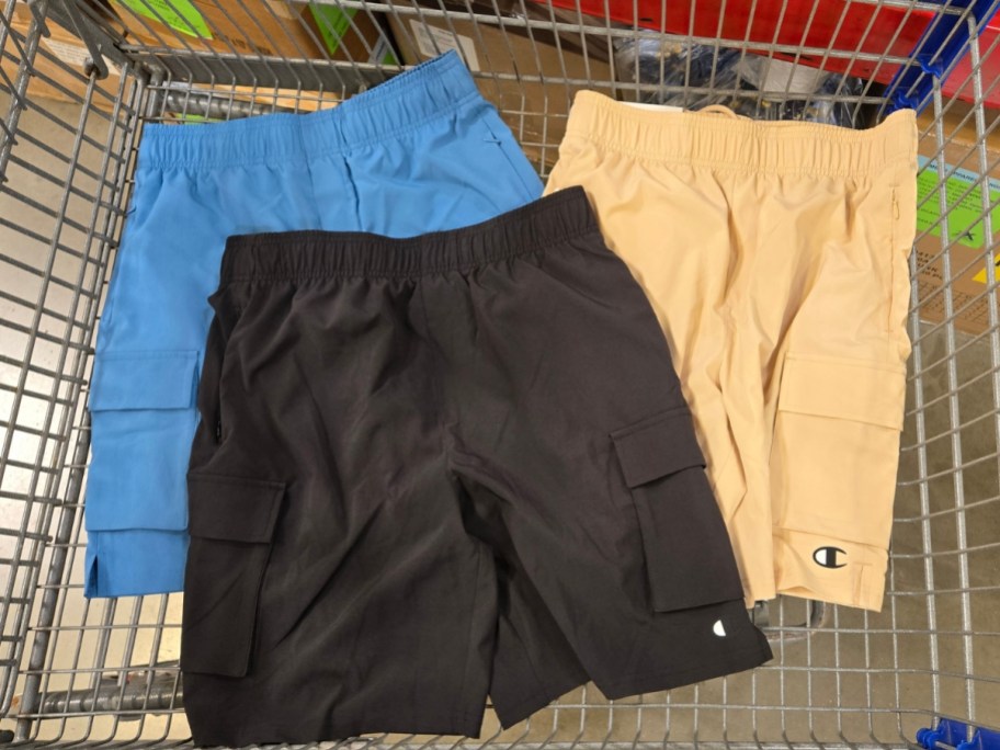 3 pairs of men's Champion cargo shorts in a shopping cart