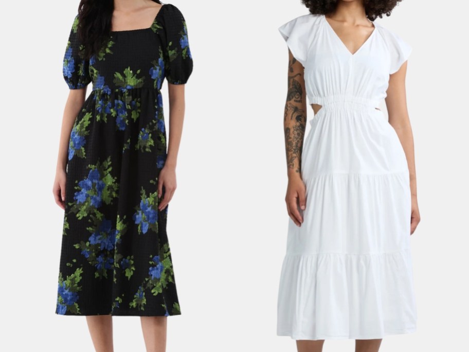 woman wearing a black floral dress and woman wearing a white dress with flutter sleeves