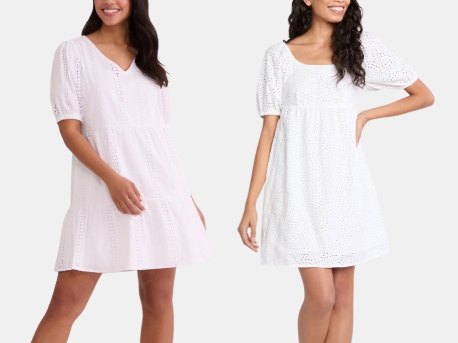2 women wearing short sleeve eyelet dresses