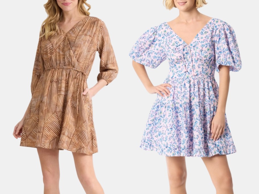 woman wearing a tan floral wrap dress and woman wearing a blue floral puffy sleeve dress