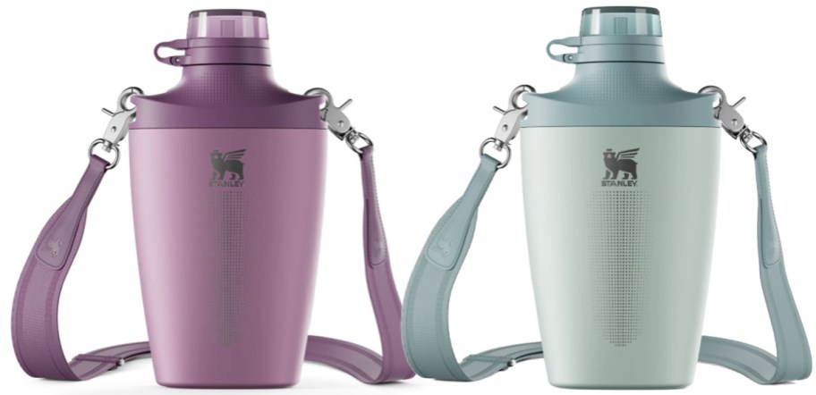 two stanley crossbody bottles in purple and mint 