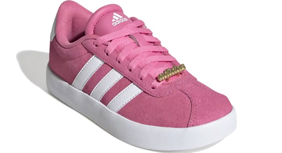 pink adidas sneaker with 3 white stripes