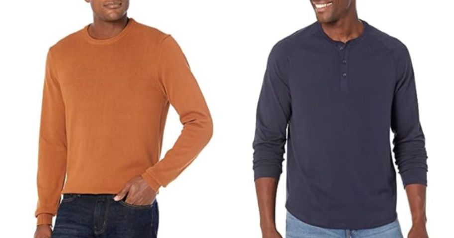 two men wearing amazon essentials orange sweater and blue long sleeve top