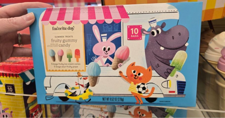 Favorite Day Summer Treats Fruity Gummy Candy box in hand in store