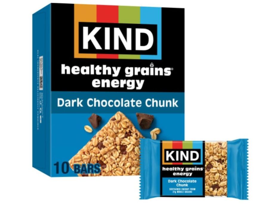 KIND Healthy Grains Energy Bars 10-Count - Dark Chocolate Chunk box with one bar in front of it